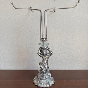 VTG 16” Hollywood Regency Cherub Jewelry Stand Silver Tone Putti Crystal Prism